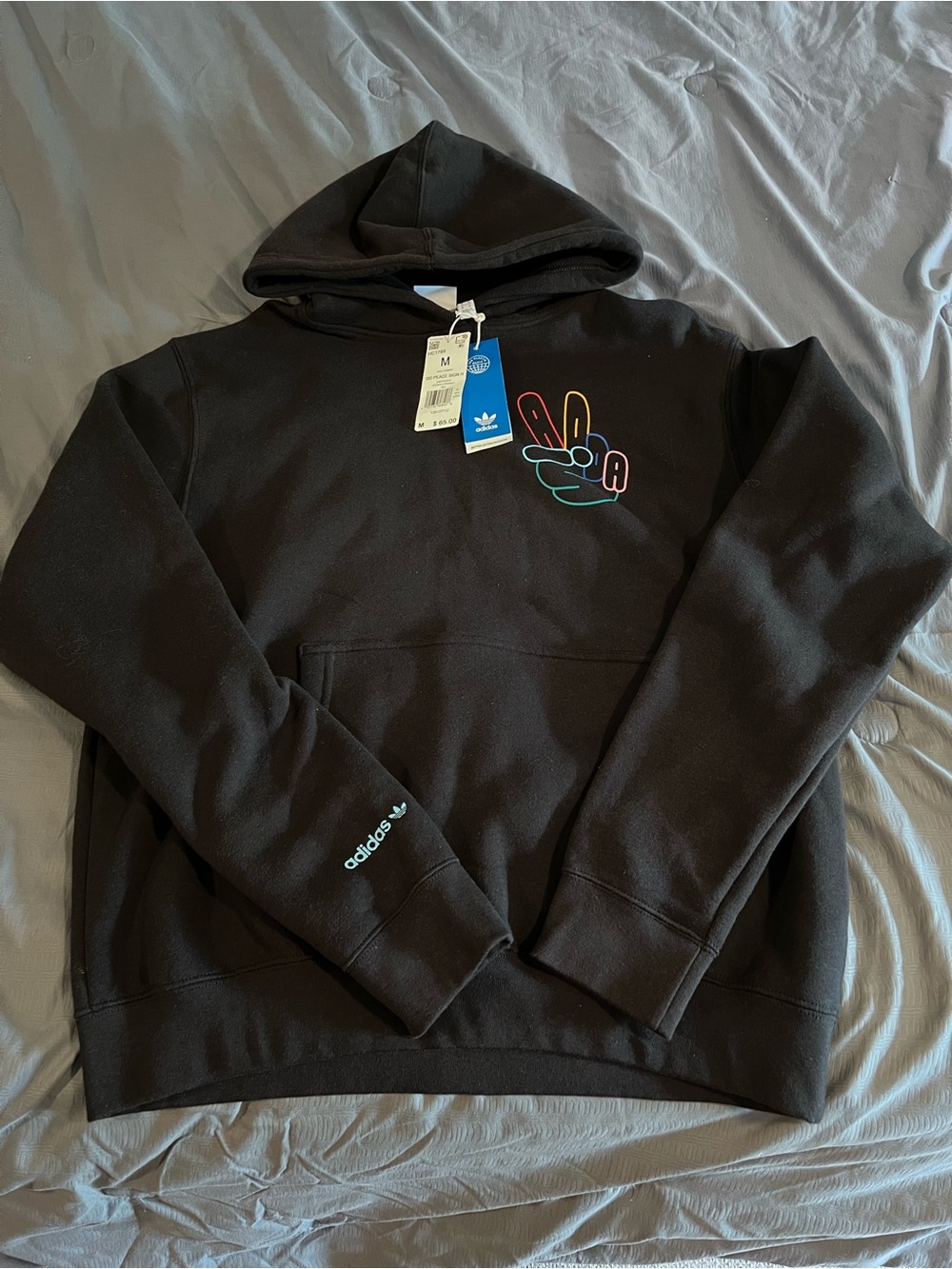 adidas Black Crewneck Hoodie with Multicolor Peace Hand Graphic